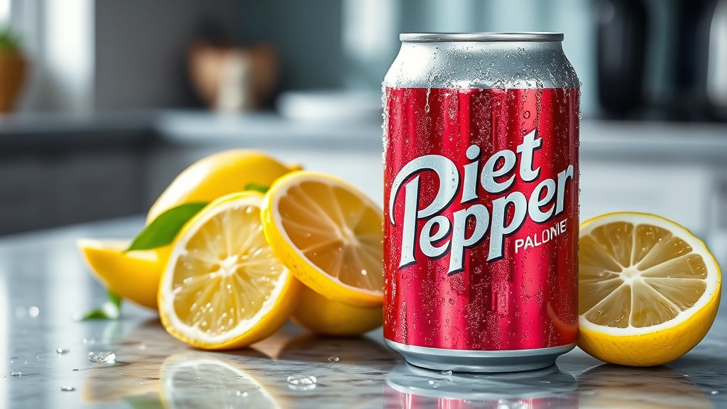 Close-up of a condensation-covered Diet Dr Pepper can next to fresh lemon slices and water droplets on a modern kitchen counter with soft natural lighting