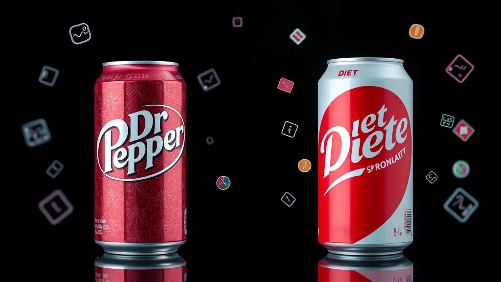 Split-screen comparison showing a regular Dr Pepper can on one side and a Diet Dr Pepper can on the other, with nutritional elements visualized as floating icons, bright clinical lighting