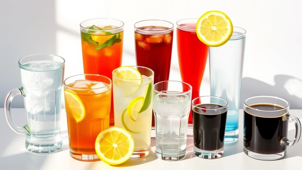 A vibrant assortment of healthy beverage alternatives including unsweetened tea, sparkling water, fresh lemon water, and black coffee in various glassware arranged on a bright white surface with natural morning sunlight
