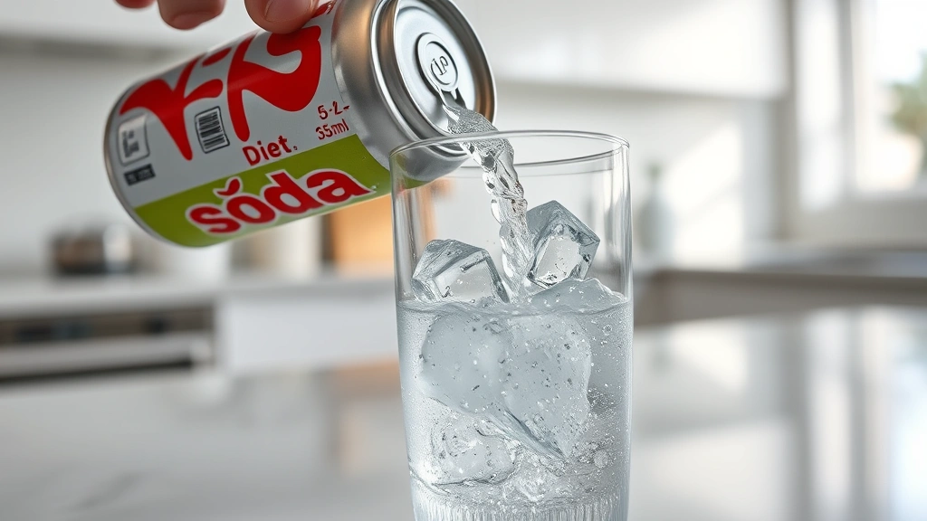 Close-up of diet soda can being poured into glass with ice, carbonation bubbles visible, clean minimalist kitchen countertop, natural daylight