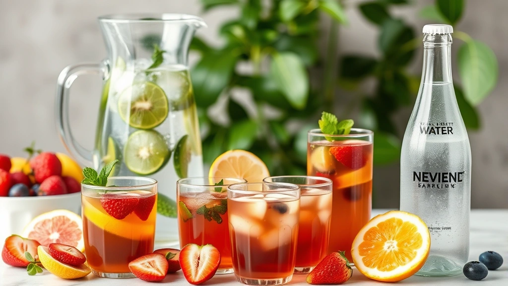 Variety of healthy beverage alternatives displayed together: water pitcher, tea cups, sparkling water bottle, fresh fruit, wellness-focused composition