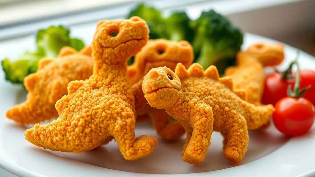 Close-up of golden-brown dinosaur-shaped breaded chicken nuggets on a white ceramic plate with fresh green broccoli florets and cherry tomatoes, natural lighting from window, shallow depth of field