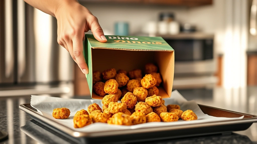 Hands pouring frozen dino nuggets from cardboard box onto parchment-lined baking sheet in modern kitchen, stainless steel appliances blurred in background, warm natural lighting