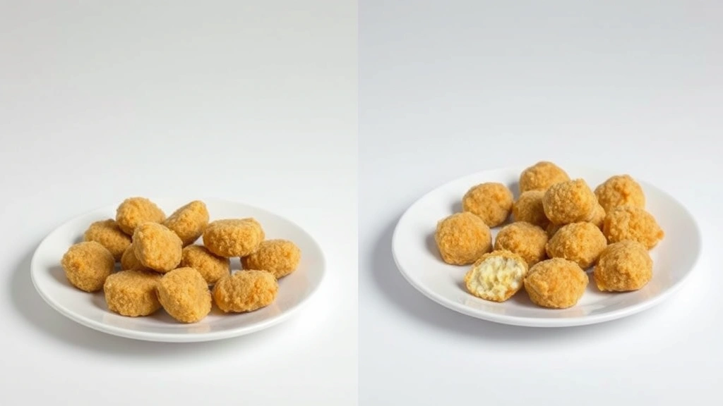 Split-screen comparison showing homemade whole wheat breaded chicken nuggets on left side and frozen commercial nuggets on right side, both on white plates with measurement ruler, clinical studio lighting