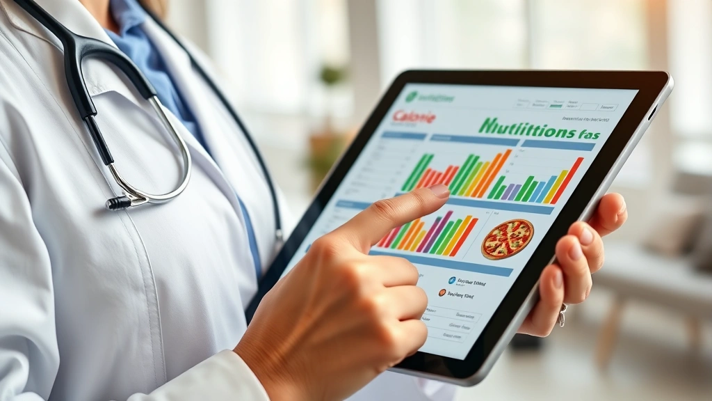 Professional nutritionist or dietitian reviewing colorful nutritional data charts and pizza nutrition labels on digital tablet in modern bright office, close-up of hands pointing at calorie information