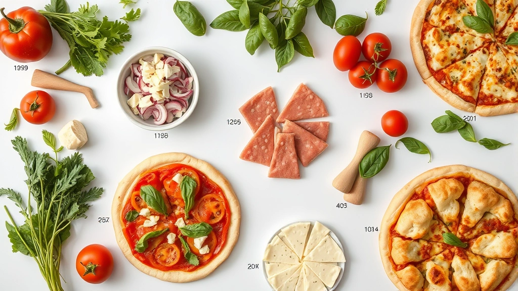 Overhead flat lay of customizable pizza ingredients spread out artfully - fresh vegetables, lean proteins, cheese portions, different crust types, all arranged on white surface with measurement indicators