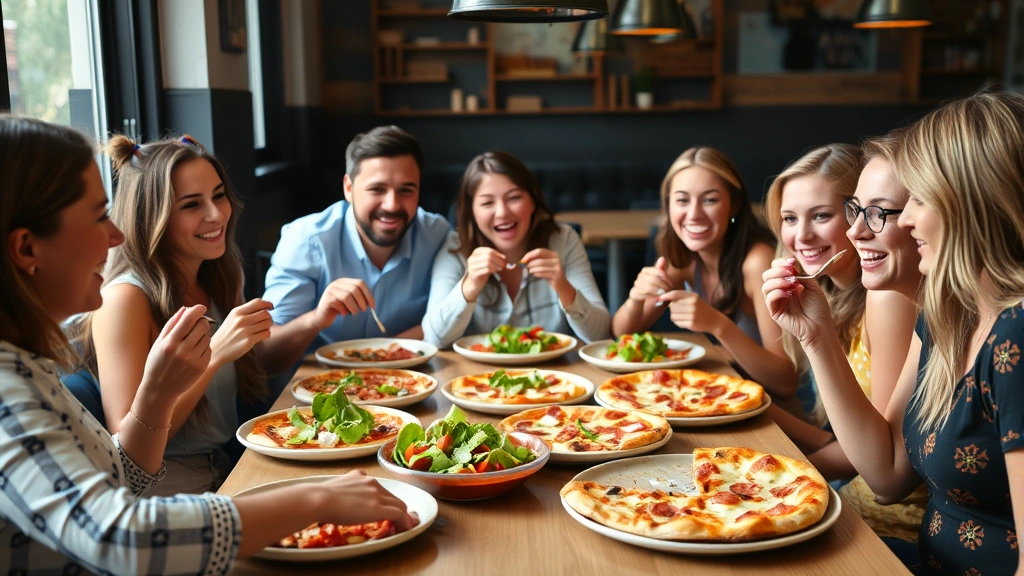 Diverse group of people enjoying pizza and salad meal together at casual restaurant table with natural window lighting, showing balanced portions and healthy eating satisfaction