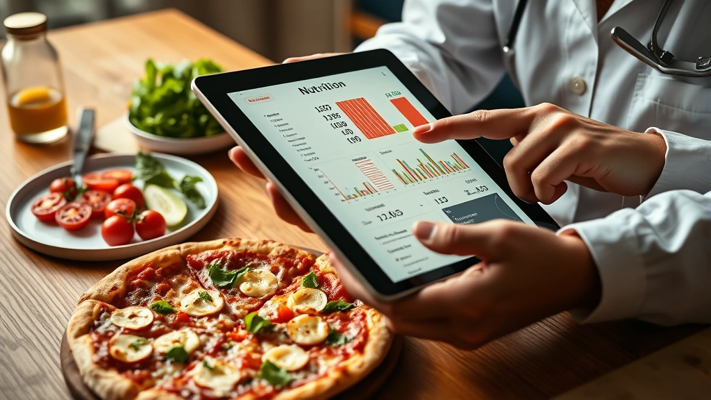 Professional nutritionist analyzing digital nutrition data on tablet with pizza ingredients visible on wooden table, warm lighting, close-up of hands pointing at nutrition metrics