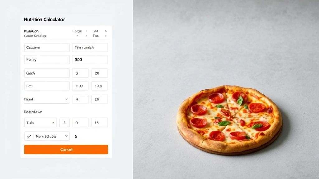 Split-screen comparison showing digital nutrition calculator interface on left, actual prepared pizza on right, neutral background, showing measurement tools and nutritional breakdown charts