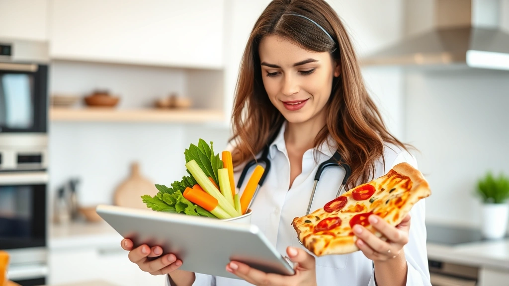 Professional dietitian reviewing nutrition data on tablet while holding fresh vegetables and pizza slice, bright modern kitchen setting, natural lighting, focused expression analyzing food composition