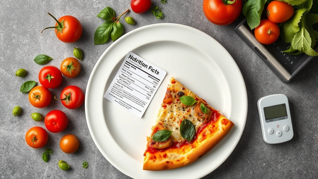Overhead flat lay of Domino's pizza slice on white plate with nutritional information card, fresh vegetables scattered nearby, digital scale showing measurements, professional food photography style