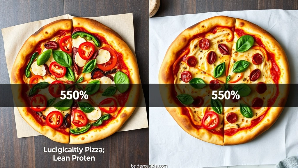 Split-screen comparison showing healthy pizza customization on left side with vegetables and lean protein, indulgent traditional pizza on right side, modern clean aesthetic with measurement graphics overlaid
