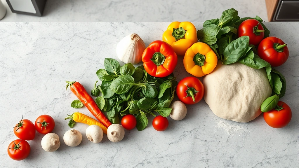 Digital flat lay of fresh vegetables and pizza ingredients arranged artfully on a modern kitchen counter with natural lighting, showing bell peppers, mushrooms, spinach, and tomatoes next to pizza dough