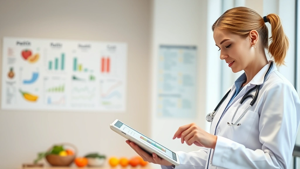 Registered dietitian in professional attire reviewing nutrition data on tablet in modern clinic setting with health charts visible on wall, representing expert nutritional analysis