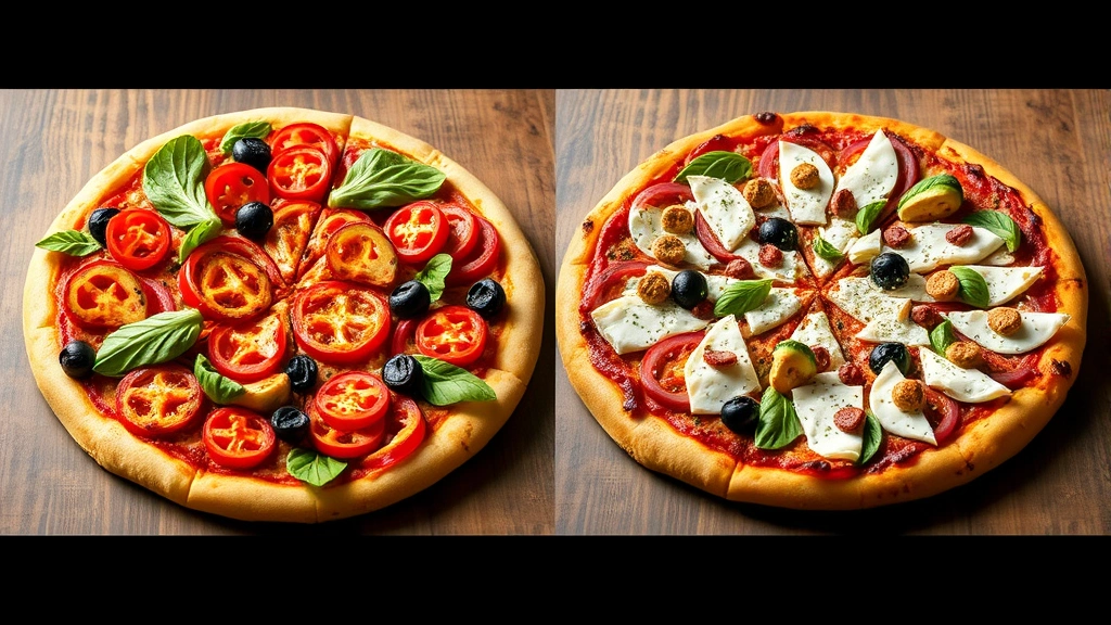 Split-screen comparison showing healthy customized pizza with abundant vegetables and light cheese on one side versus traditional loaded pizza on other side, demonstrating nutritional differences visually