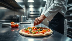 Modern restaurant kitchen with pizza chef preparing fresh pizza with colorful vegetable toppings, professional lighting, stainless steel surfaces, close-up of hands assembling pizza base