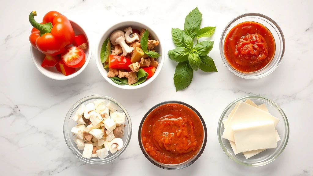 Overhead flat-lay composition of various fresh pizza ingredients separated into bowls: vibrant bell peppers, mushrooms, onions, fresh basil, mozzarella cheese, tomato sauce, arranged on marble counter with natural lighting