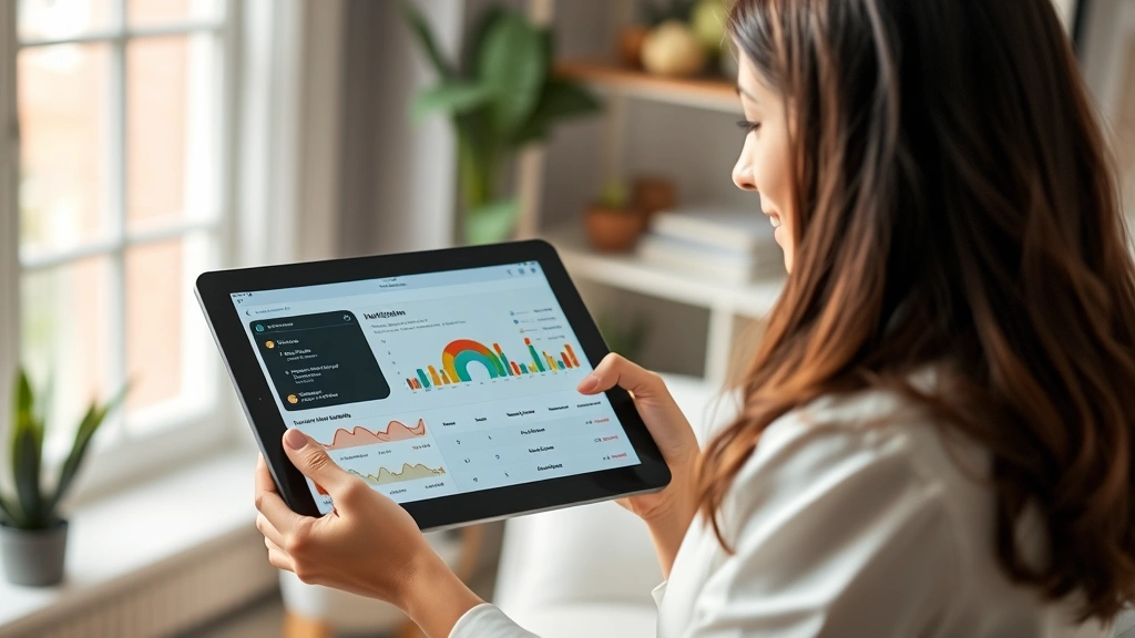 Nutritionist reviewing digital tablet with health charts and calorie tracking data, modern home office setting, soft natural window lighting, professional appearance, no visible text on screen