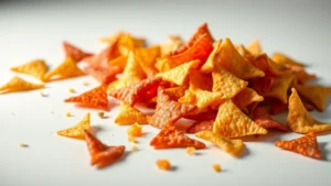 Close-up of colorful Doritos chips scattered on a clean white surface with dramatic lighting, showing texture and seasoning detail, modern food photography style