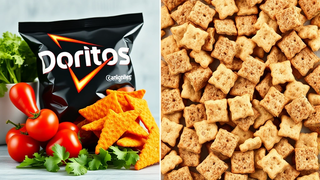 Split-screen comparison showing Doritos bag next to fresh vegetables and whole grain crackers, professional nutritional education aesthetic, natural lighting