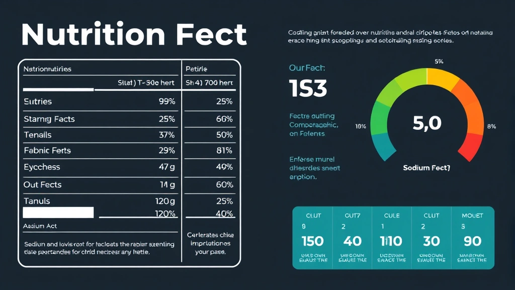 Digital nutrition label visualization with macronutrient breakdown charts and sodium meter graphics, modern health infographic style with clean typography