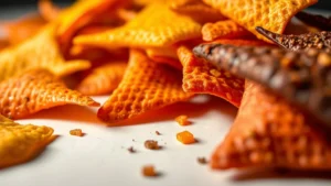 Close-up of colorful Doritos chips arranged on a white surface with dramatic lighting, showing texture and seasonings clearly, professional food photography style