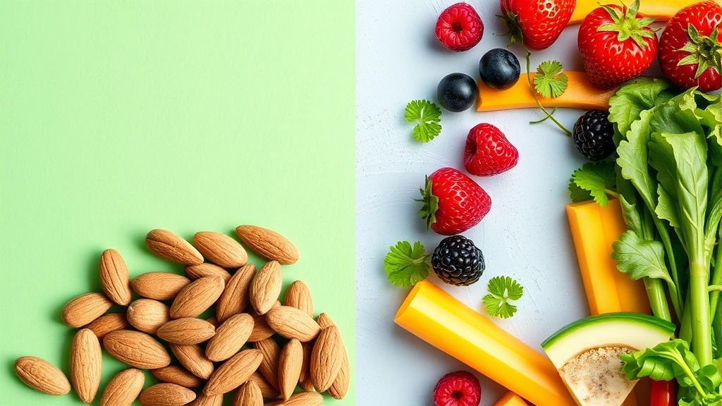 Split-screen comparison showing a nutrition facts label on one side and fresh healthy snack alternatives like almonds, berries, and vegetables on the other side