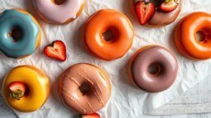 Overhead flat lay of colorful glazed doughnuts on white parchment paper with fresh fruit garnish, professional food photography lighting, shallow depth of field, warm natural tones