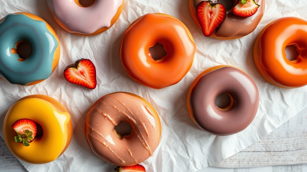 Overhead flat lay of colorful glazed doughnuts on white parchment paper with fresh fruit garnish, professional food photography lighting, shallow depth of field, warm natural tones