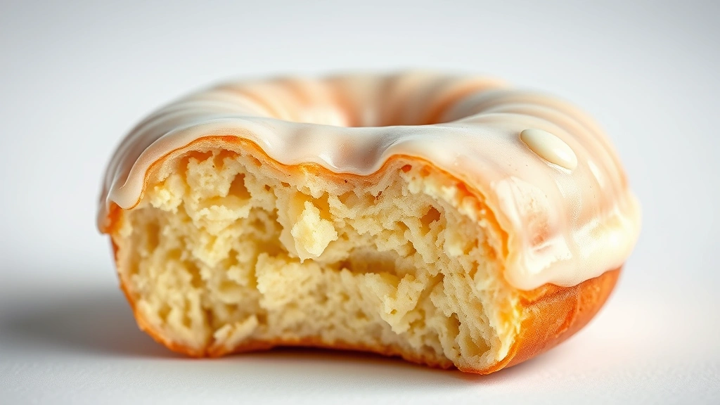 Close-up macro photography of a single glazed doughnut cross-section showing texture and glaze detail, professional bakery lighting, white background, food styling