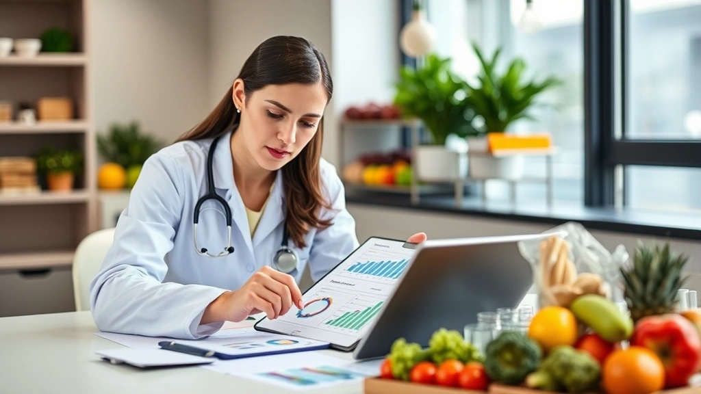 Nutritionist reviewing health charts and nutrition data on tablet at modern desk with healthy food items visible in background, professional healthcare setting, natural window lighting