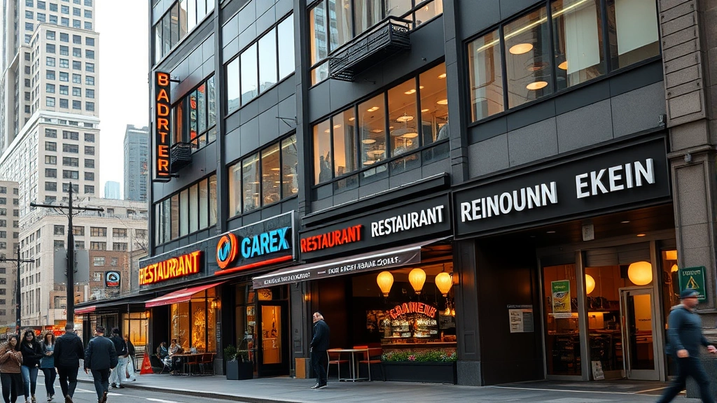 Urban downtown street with diverse restaurant storefronts featuring bright signage, natural lighting, professional architectural photography of modern dining establishments with floor-to-ceiling windows, people walking past