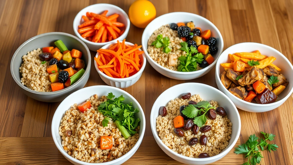 Colorful nutritious meal bowls with grains, roasted vegetables, proteins, and fresh herbs displayed on a wooden table with soft natural light, flatlay composition, vibrant colors, no text or branding visible