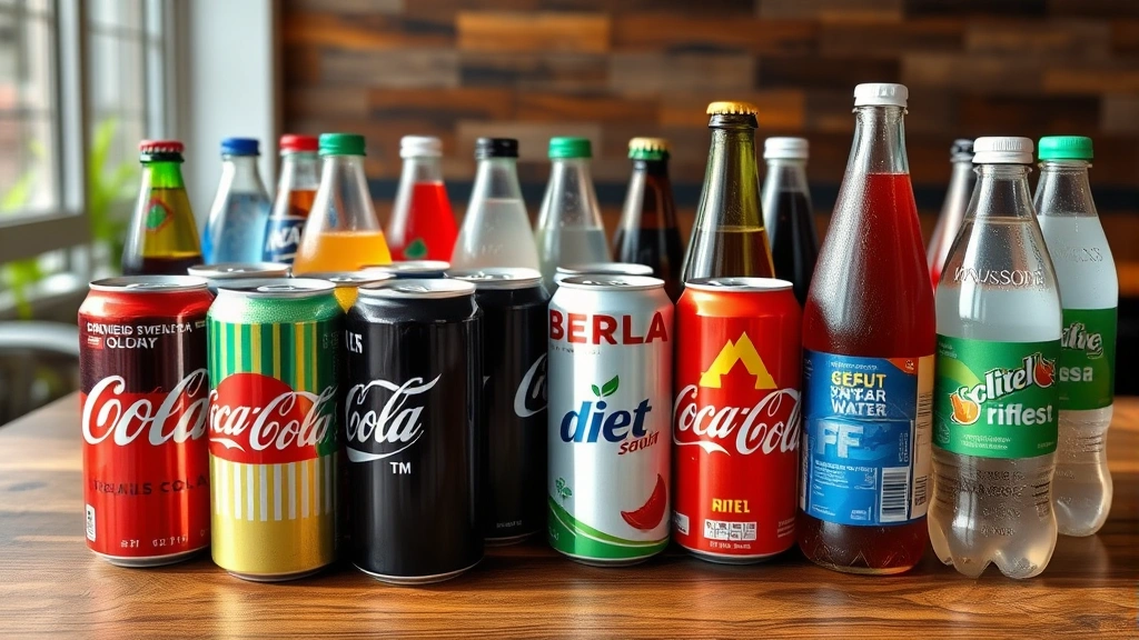 Wide shot of multiple beverage cans and bottles arranged on a wooden table including cola, diet soda, and sparkling water options, showing variety of soft drink choices in natural daylight