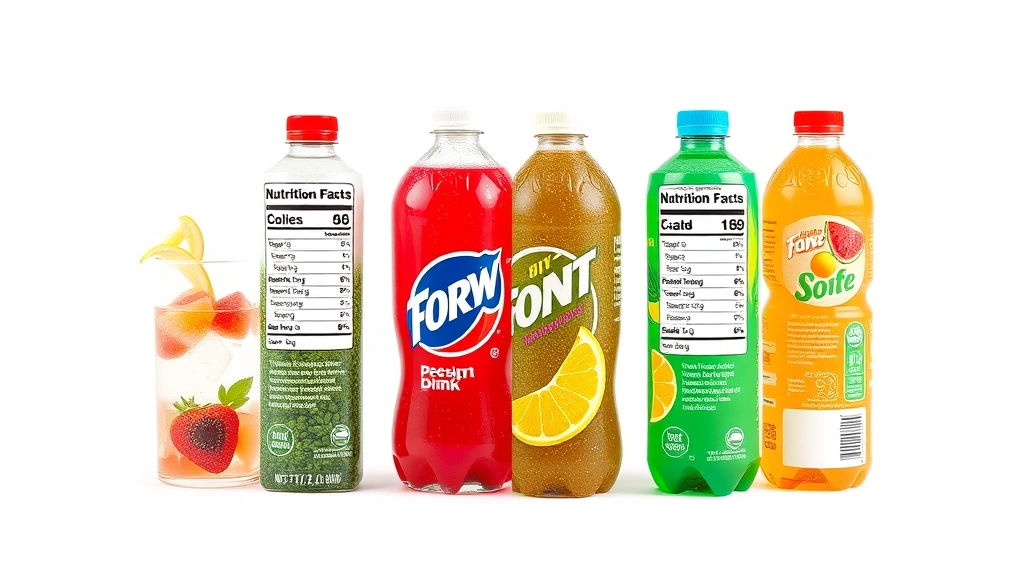Split-screen nutritional comparison visualization showing ingredient components and nutrition facts labels for different soft drink varieties, modern flat lay product photography with clean white background
