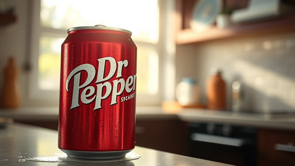 Close-up of a cold Dr Pepper can with condensation droplets, sitting on a modern kitchen counter with morning light streaming through windows, photorealistic beverage photography
