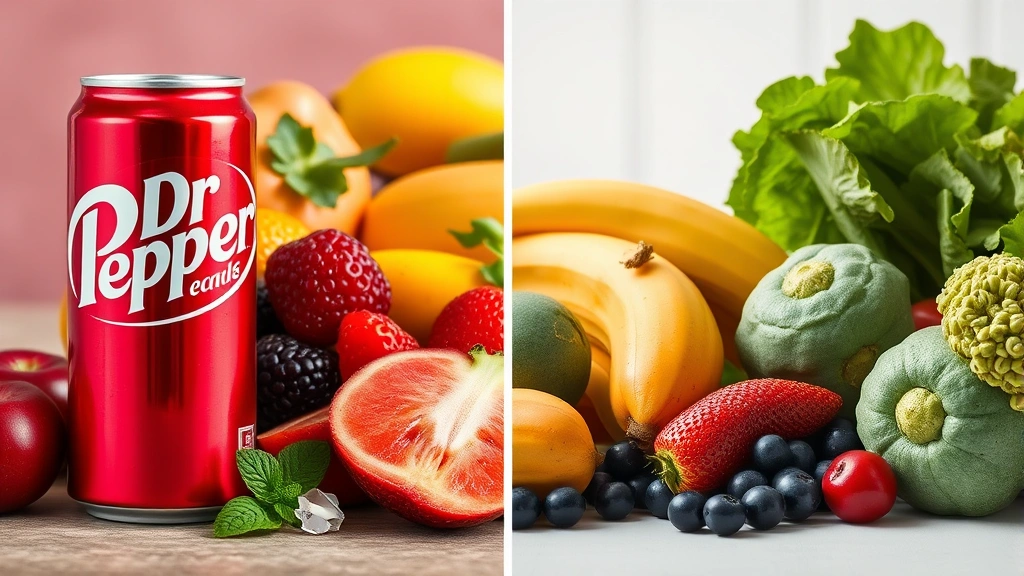 Split-screen comparison showing a Dr Pepper can next to fresh fruits and vegetables, representing nutritional contrast, bright natural lighting, professional product photography style