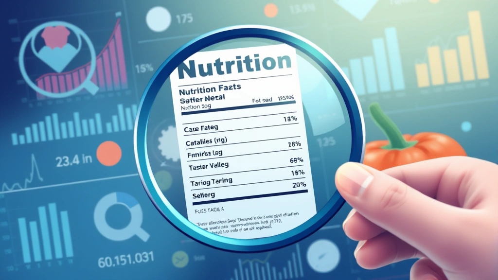 Digital illustration of a nutrition label being examined with a magnifying glass, surrounded by abstract data visualization elements, modern health and wellness aesthetic, no actual text visible