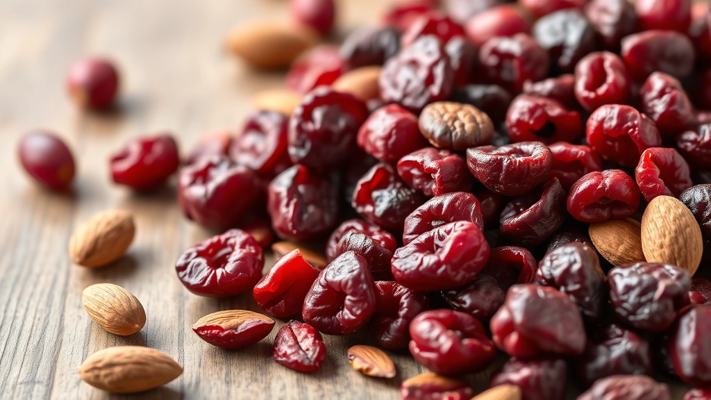 Close-up of scattered dried cranberries on a wooden surface with soft natural lighting, showing individual berries' wrinkled texture and deep red color, surrounded by fresh cranberries and scattered almonds