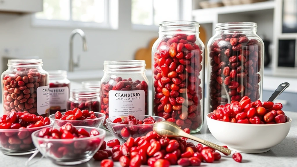 Modern kitchen scene with various dried cranberry products in glass jars and bowls, including sweetened and unsweetened varieties, with measuring spoons and nutrition labels visible, bright daylight through windows