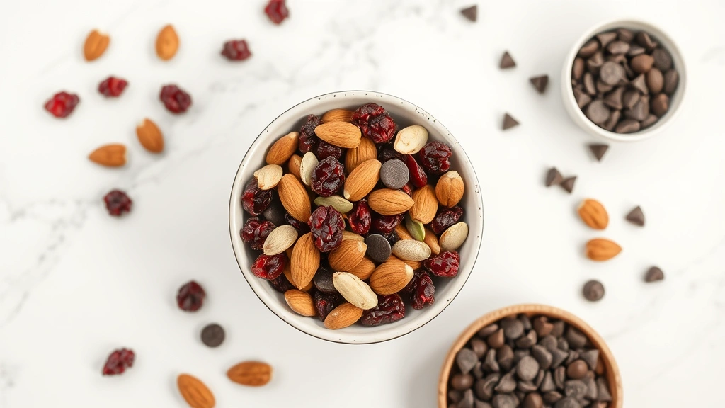 Overhead flat lay of a balanced snack bowl containing dried cranberries mixed with raw almonds, pumpkin seeds, and dark chocolate chips, styled on a clean white marble surface with minimal shadows