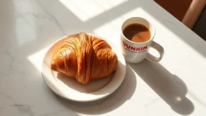 Flat lay of Dunkin' coffee cup with croissant and donut on marble counter, morning light streaming across minimalist breakfast setup, warm tones, professional food photography