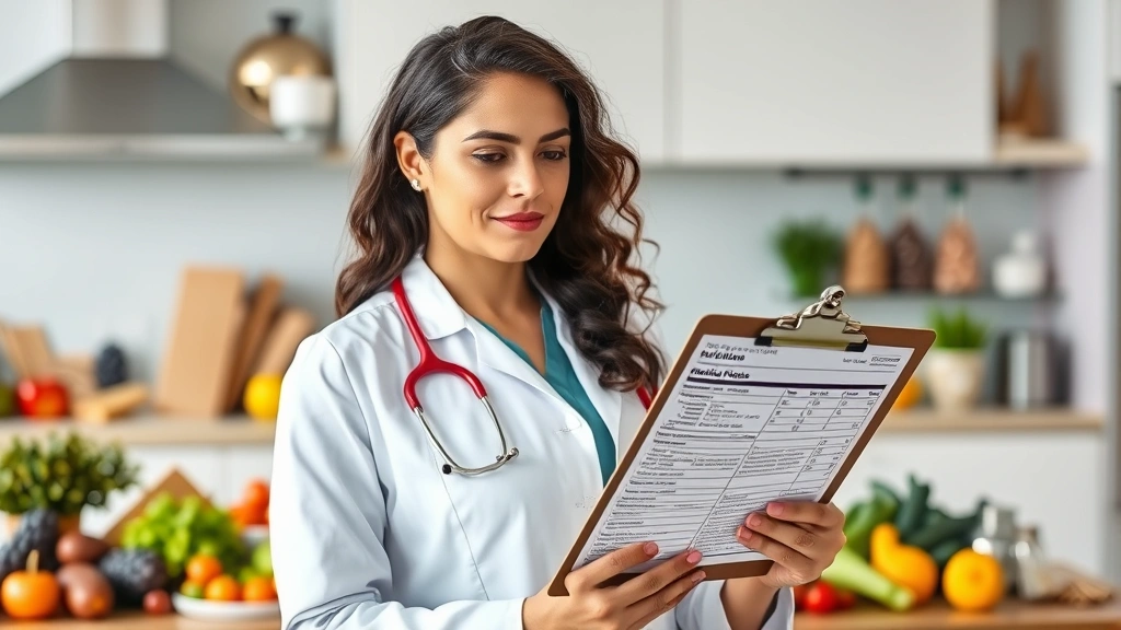 Nutritionist holding clipboard reviewing nutrition labels, diverse modern kitchen background with healthy foods visible, professional healthcare setting, serious analytical expression
