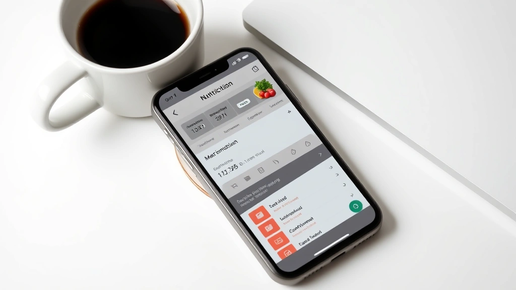 Digital nutrition tracking app open on smartphone showing macronutrient breakdowns and daily food log, coffee cup beside phone on desk, clean modern workspace aesthetic