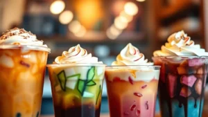 Close-up of colorful specialty coffee beverages in clear cups with ice and whipped cream toppings, vibrant colors visible, professional coffee shop lighting, shallow depth of field focusing on drink details, no text or logos visible