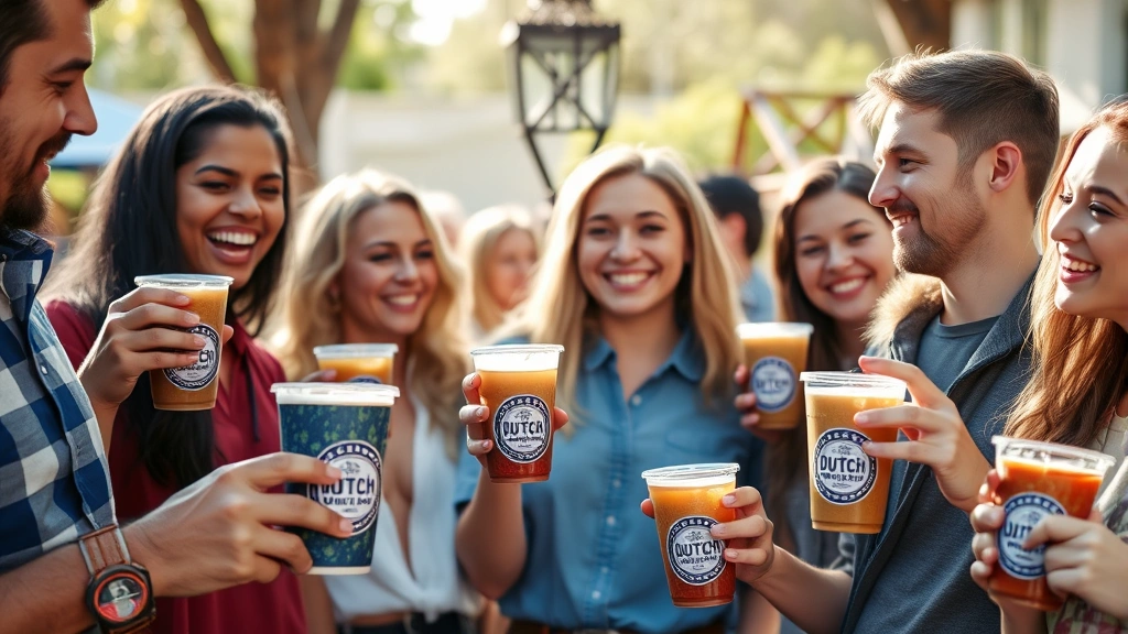 Diverse group of people holding Dutch Bros-style beverage cups in casual outdoor setting, natural sunlight, candid lifestyle photography, people smiling and socializing, warm natural tones, no visible text or branding on cups
