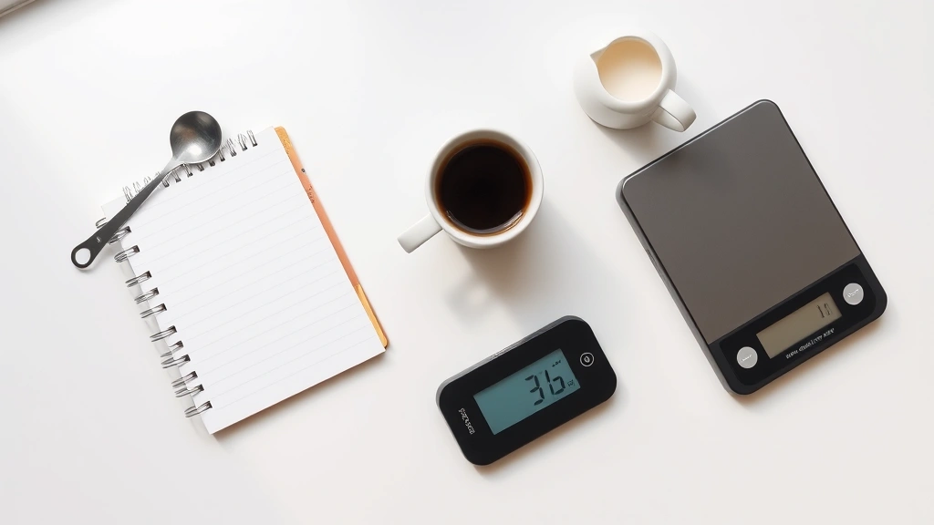 Minimalist flat lay composition showing coffee-related items: espresso cup, milk pitcher, measuring spoon, notebook, and digital scale on neutral background, clean modern aesthetic, natural window lighting, educational content feel