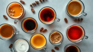 Overhead flat lay of various colorful coffee beverages in clear cups showing different layers and textures, professional coffee photography style, minimal props, natural lighting highlighting drink colors and compositions