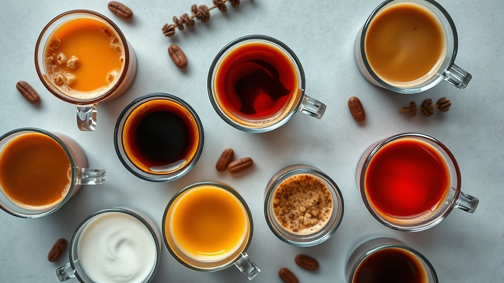 Overhead flat lay of various colorful coffee beverages in clear cups showing different layers and textures, professional coffee photography style, minimal props, natural lighting highlighting drink colors and compositions