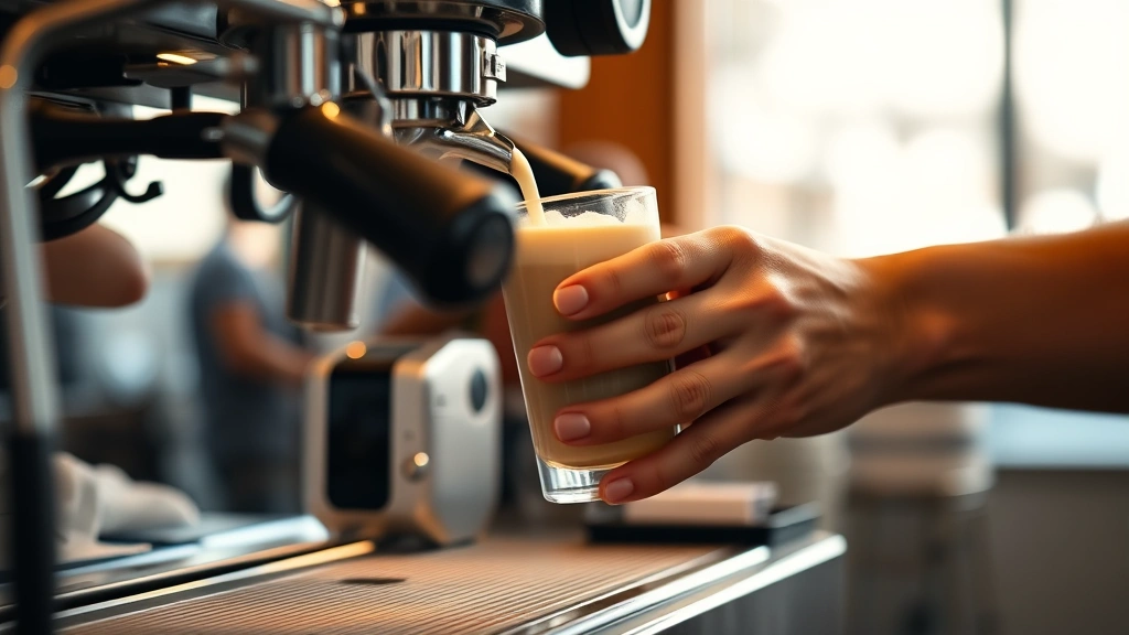 Close-up of barista hands crafting specialty coffee drink with espresso machine and milk pitcher, showing professional technique and attention to detail, warm café lighting, focus on the drink preparation process